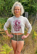 Load image into Gallery viewer, Tan Crop Top Hoodie with Maroon Lady Lioness Graphic