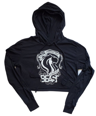 Black Crop Top Hoodie with White Lady Lioness Graphic