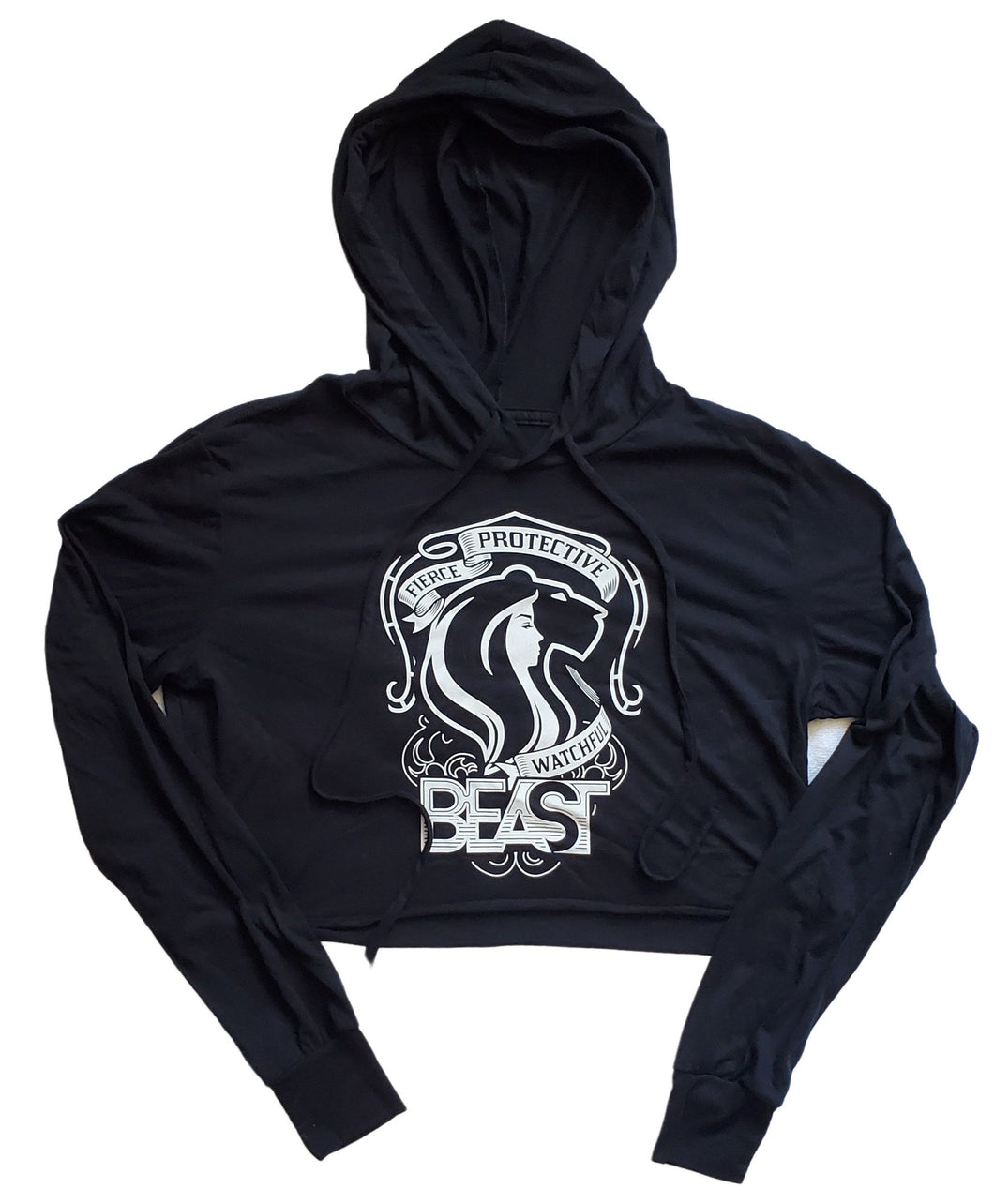 Black Crop Top Hoodie with White Lady Lioness Graphic