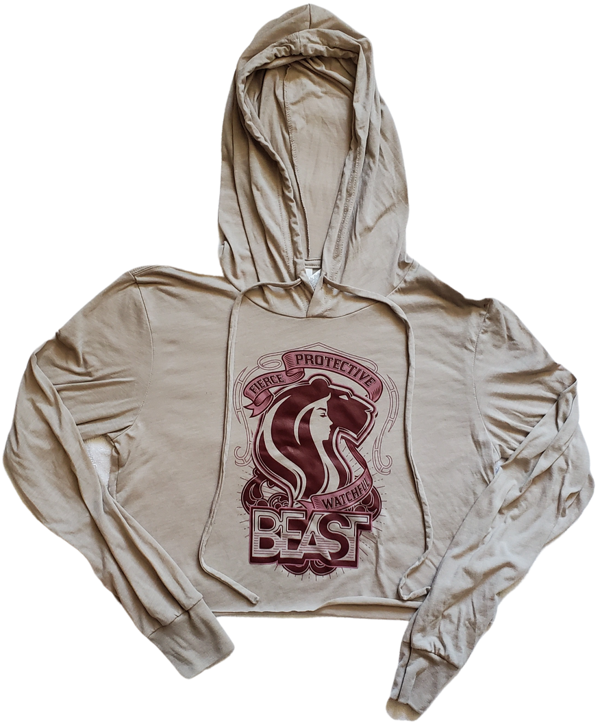 Tan Crop Top Hoodie with Maroon Lady Lioness Graphic
